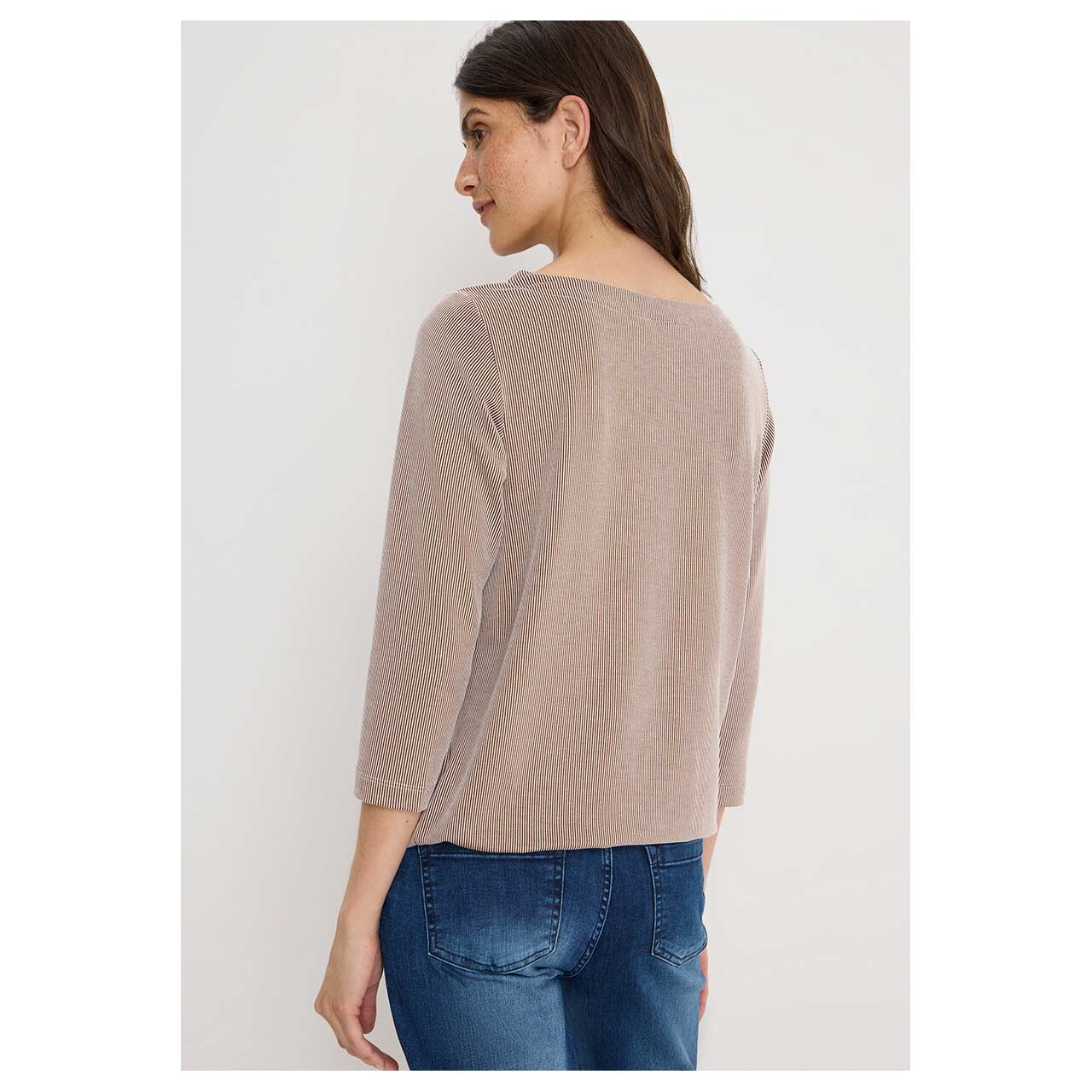 Damen 3/4 Arm Shirt Vertical Striped von Cecil in Braun gestreift, Rückansicht am Model