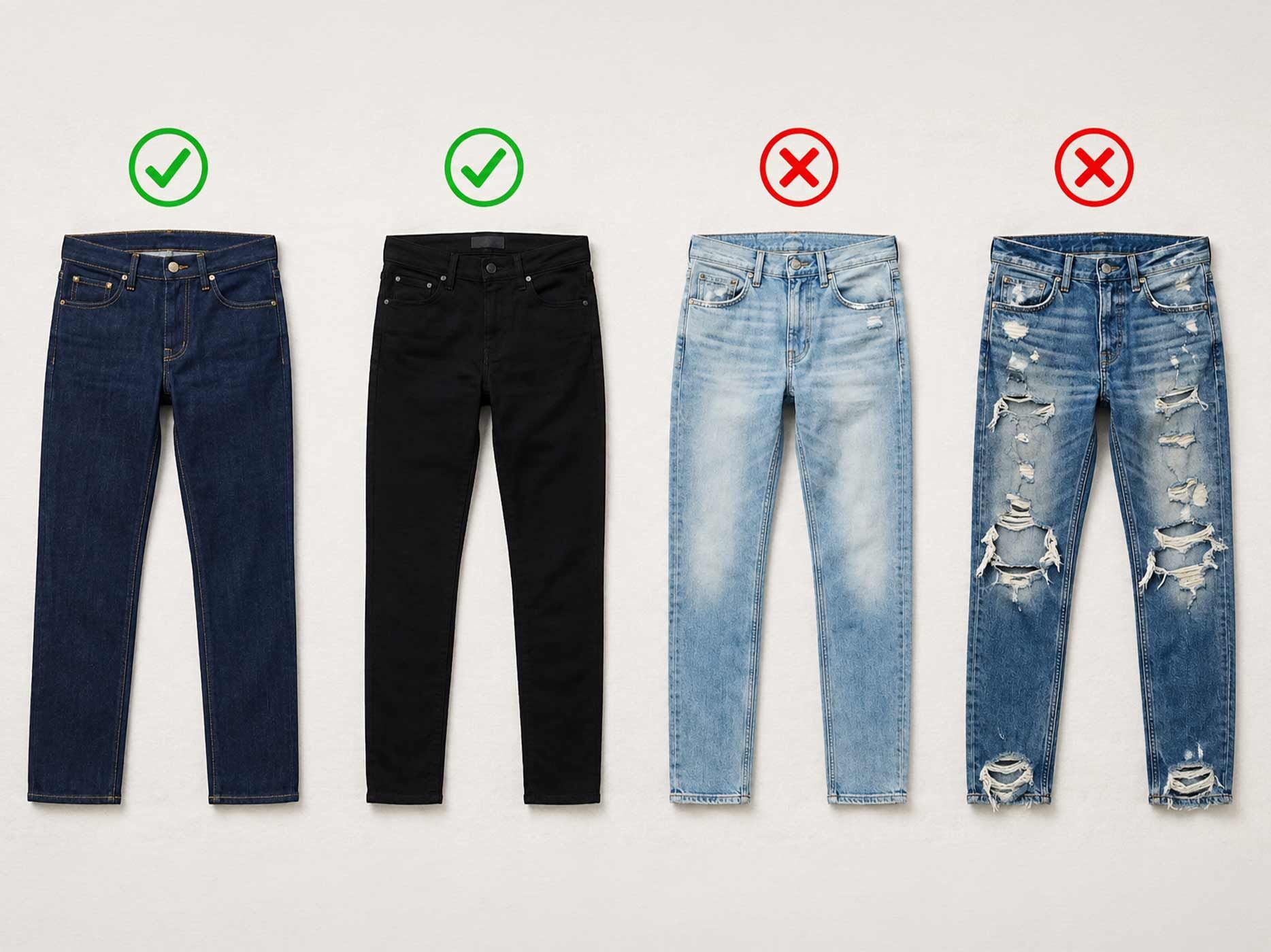 Das Bild vergleicht geeignete dunkle, schlichte Jeans mit ungeeigneten hellen oder stark zerrissenen Jeans f&uuml;r ein Bewerbungsgespr&auml;ch.