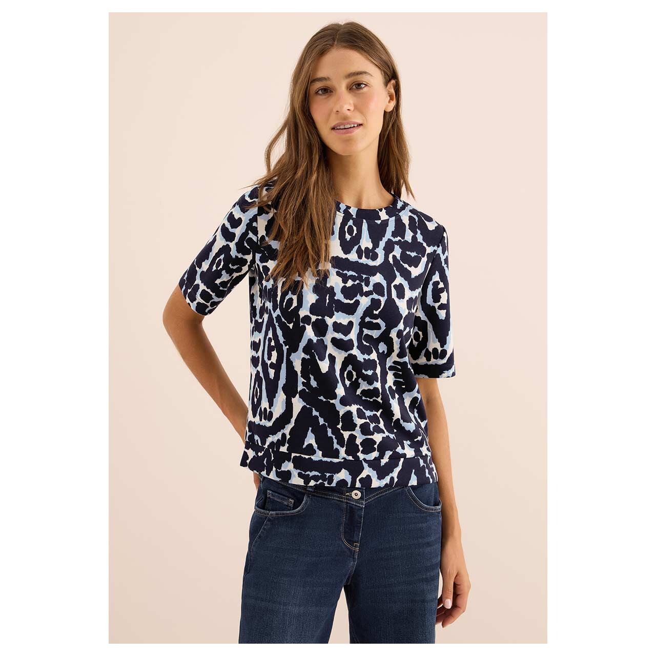 Damen T-Shirt Soft Touch von Cecil in Dunkelblau mit Print, Vorderansicht mit Model
