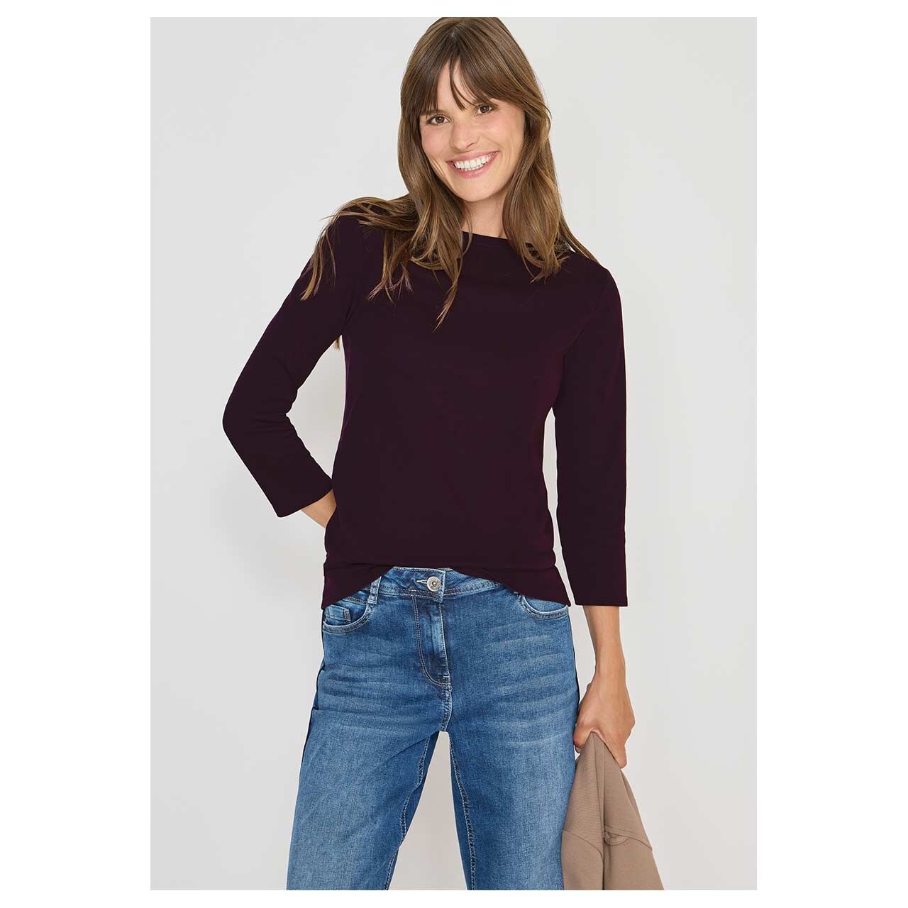 Damen 3/4 Arm Shirt Basic Boatneck von Cecil in Lila, Vorderansicht am Model