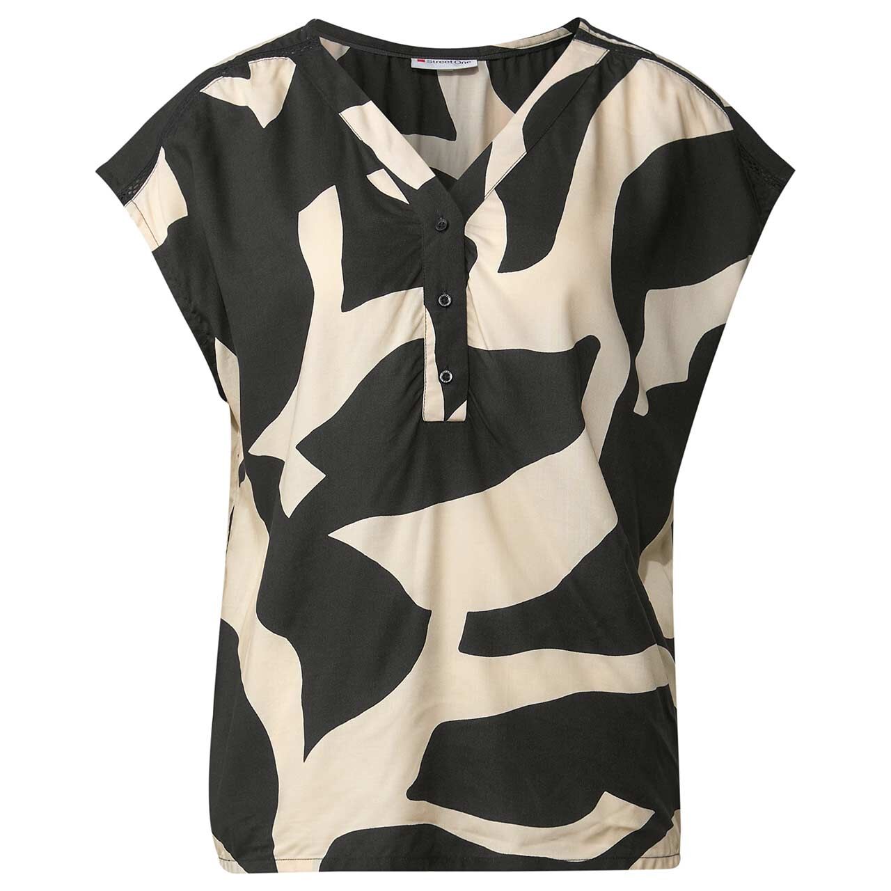 Street One Damen Kurzarm Bluse Button Panel creme black print