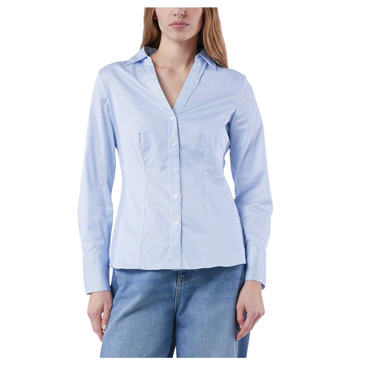 Damen Langarm Bluse von Comma in Blau gestreift, Vorderansicht am Model