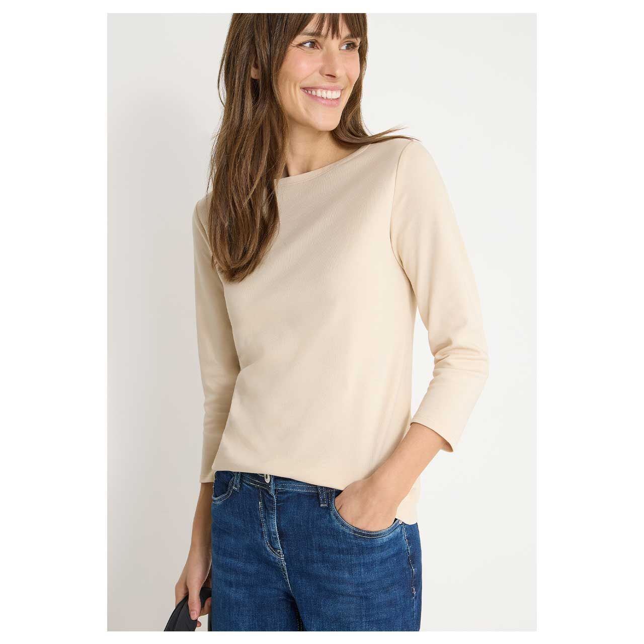 Damen 3/4 Arm Shirt Basic Boatneck von Cecil in Beige, Vorderansicht am Model