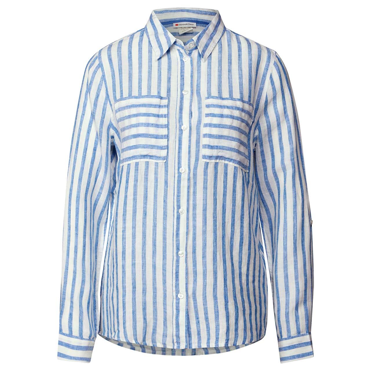 Street One Damen Langarm Leinen Bluse Striped Shirtcollar serenity blue