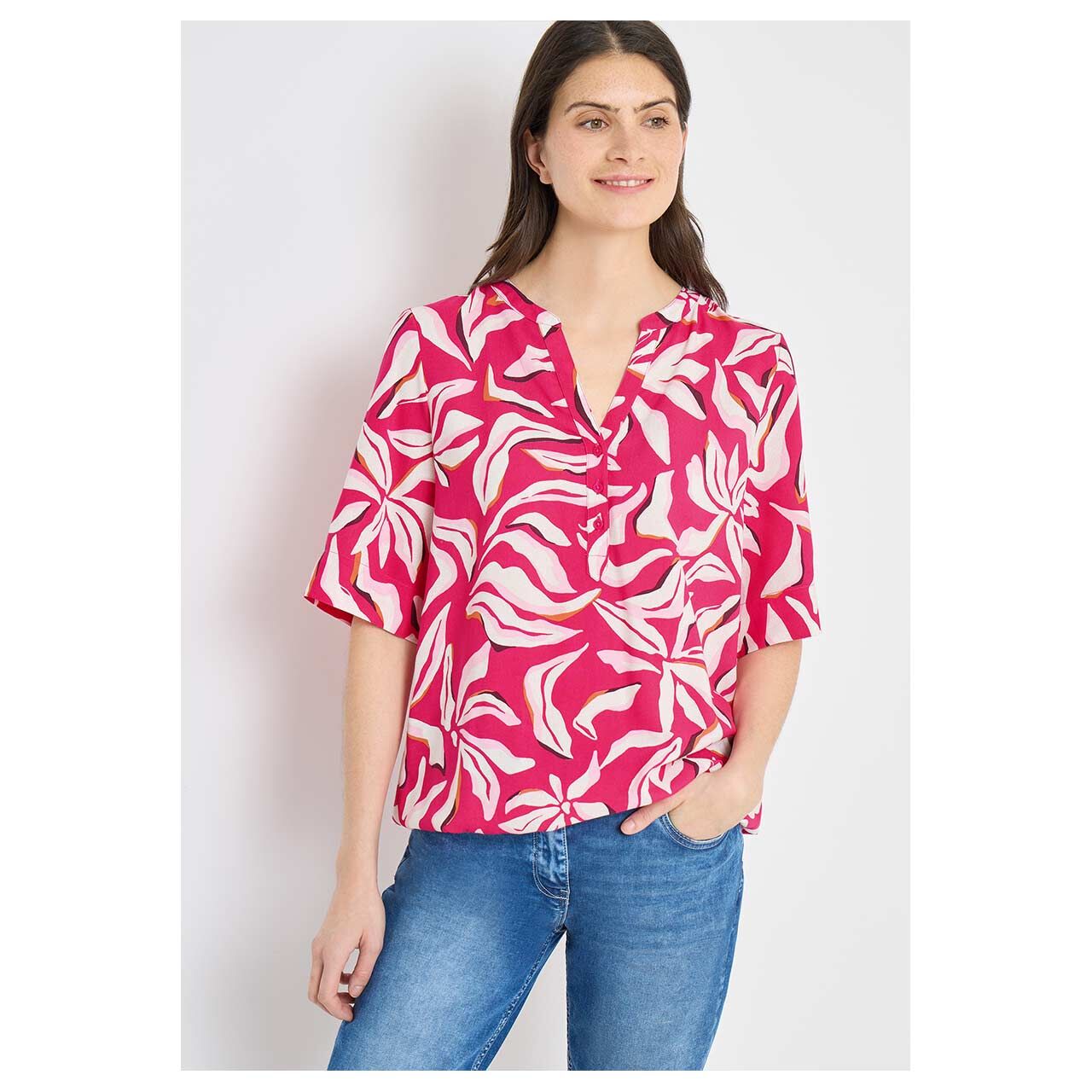 Damen 3/4 Arm Bluse Splitneck Print von Cecil in Pink mit Print, Vorderansicht am Model