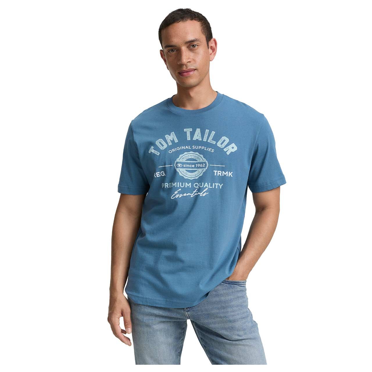 Herren T-Shirt von Tom Tailor in Blau mit Print, Vorderansicht mit Model