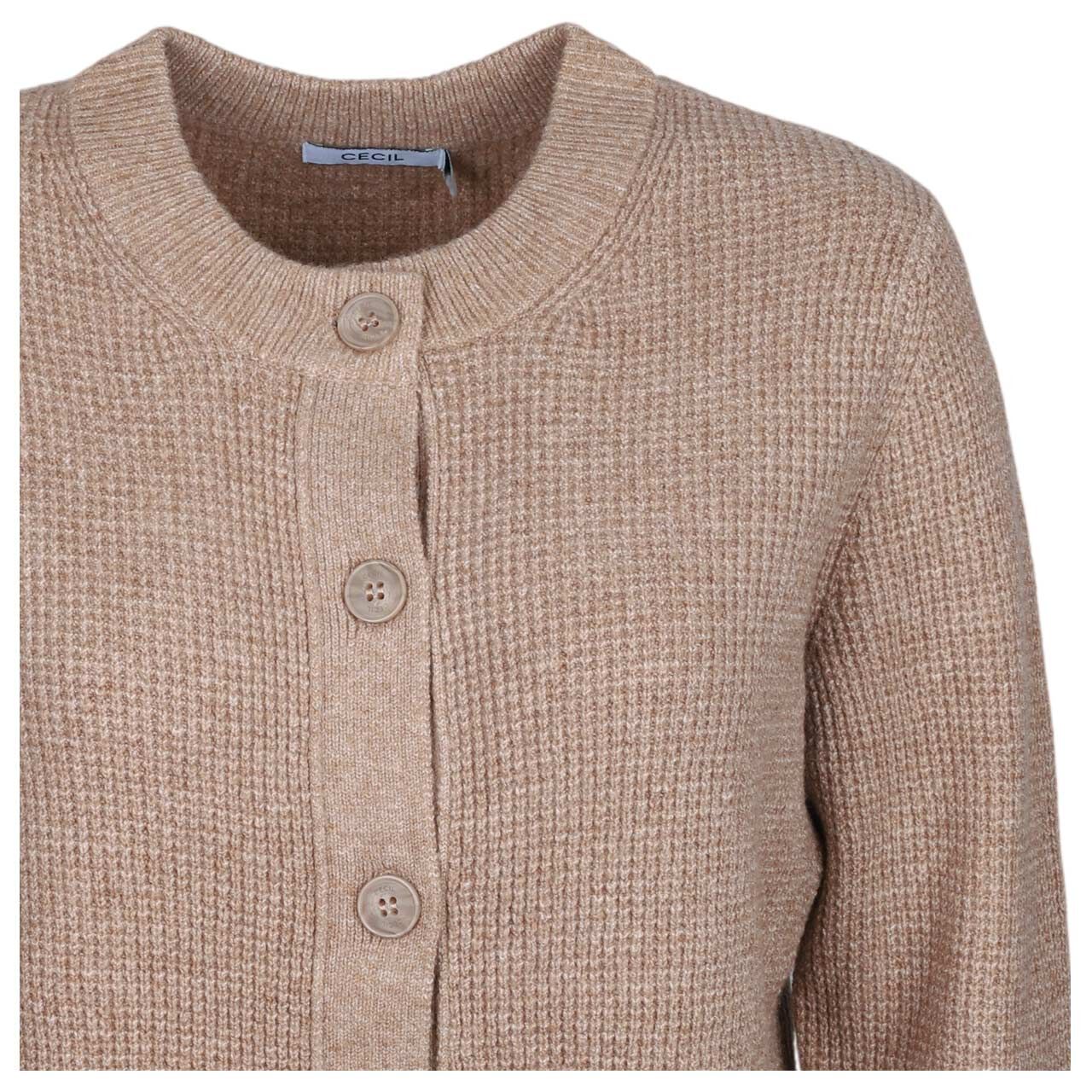 Damen Strickjacke Structured Cosy Cardigan von Cecil in Hellbraun meliert, Detailansicht Ausschnitt vorne
