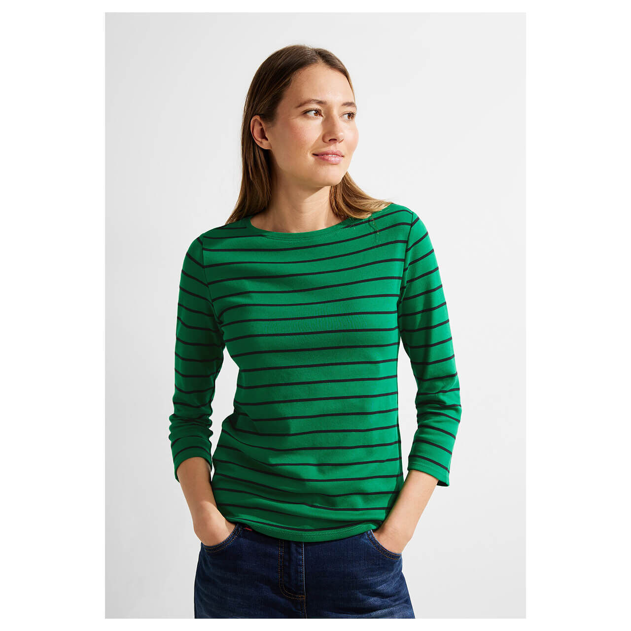 Cecil Damen 3/4 Arm Shirt Basic Boatneck easy green stripes