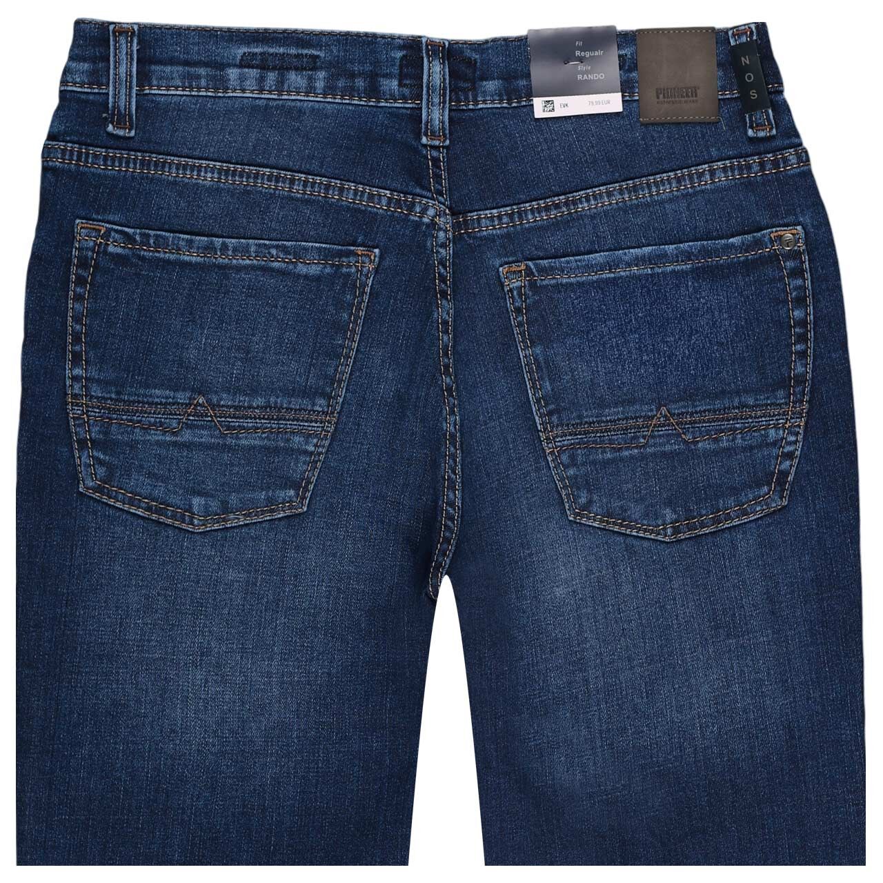 Stretch Herrenjeans Rando Megaflex in Dunkelblau angewaschen von Pioneer, detaillierte Rückansicht