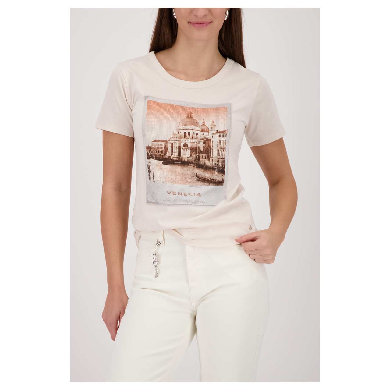 Damen T-Shirt von Monari in Beige mit Print, Vorderansicht am Model