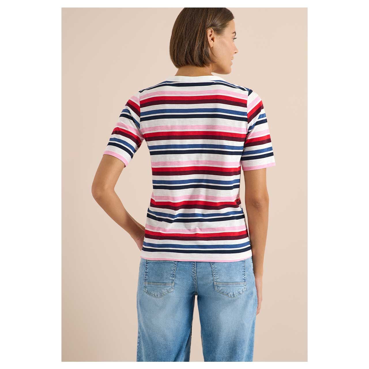 Damen T-Shirt Multi Striped Slubyarn von Cecil in Dunkelblau gestreift, Rückansicht am Model