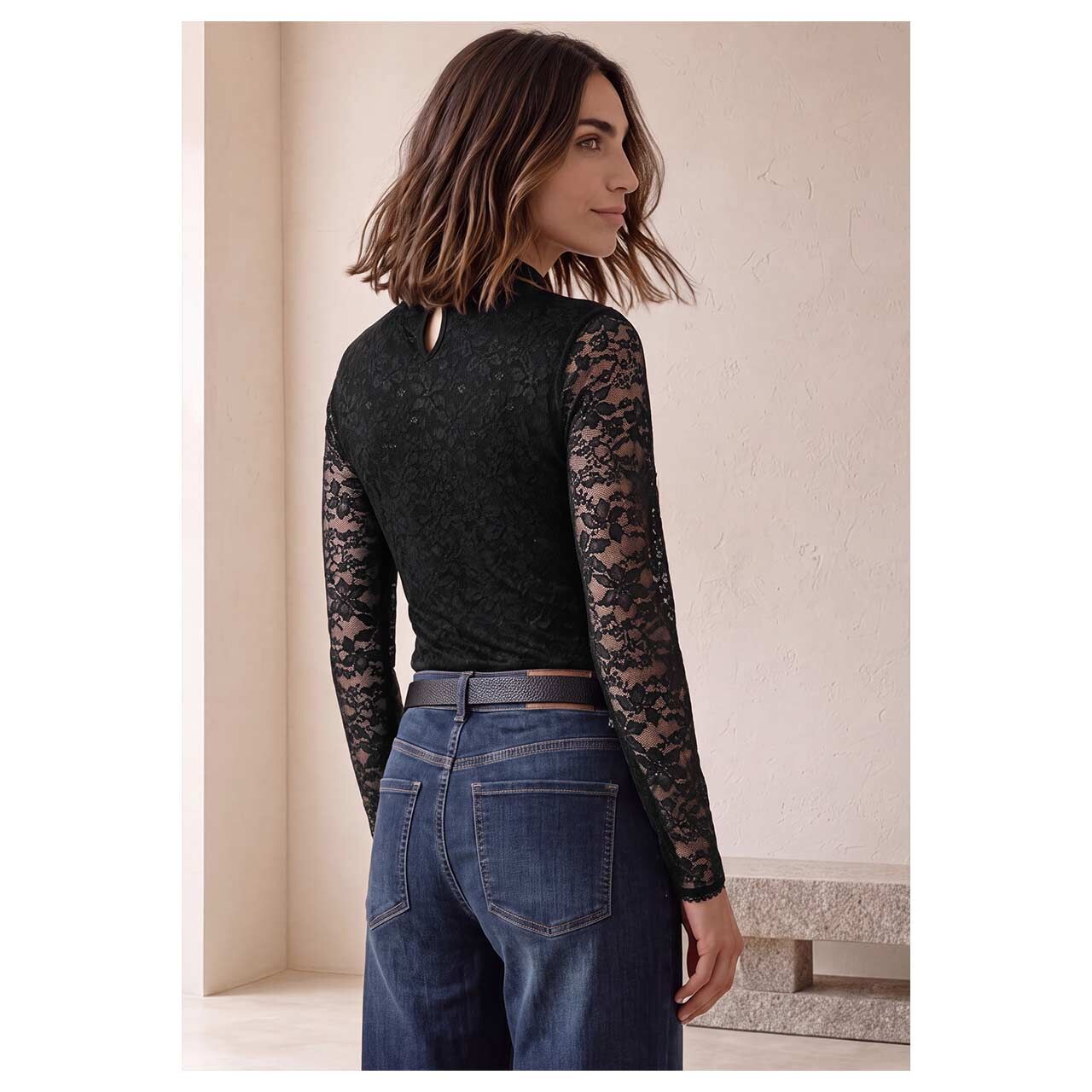Damen Langarm Shirt Lace Turtle Neck von Street One in Schwarz, Rückansicht am Model