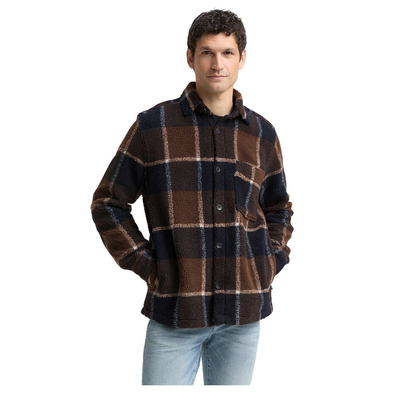 Herren Teddyjacke von Tom Tailor in Dunkelbraun kariert, Vorderansicht am Model
