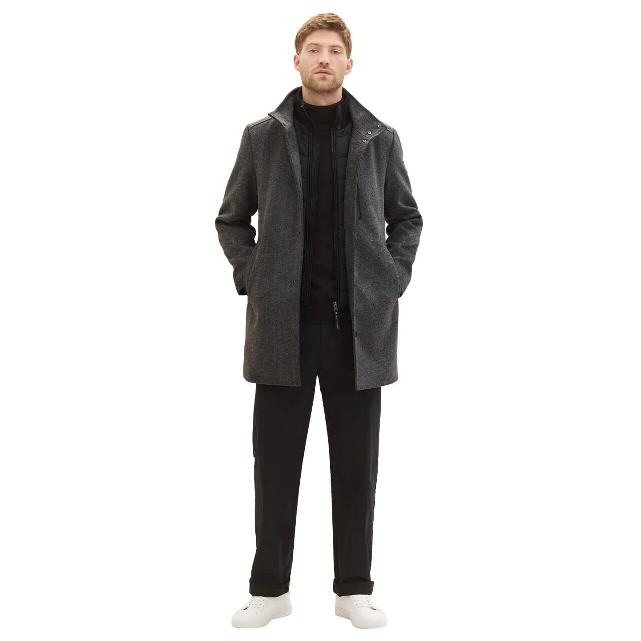Tom Tailor Herren Mantel Wool Coat 2 in 1 dark grey black herringbone