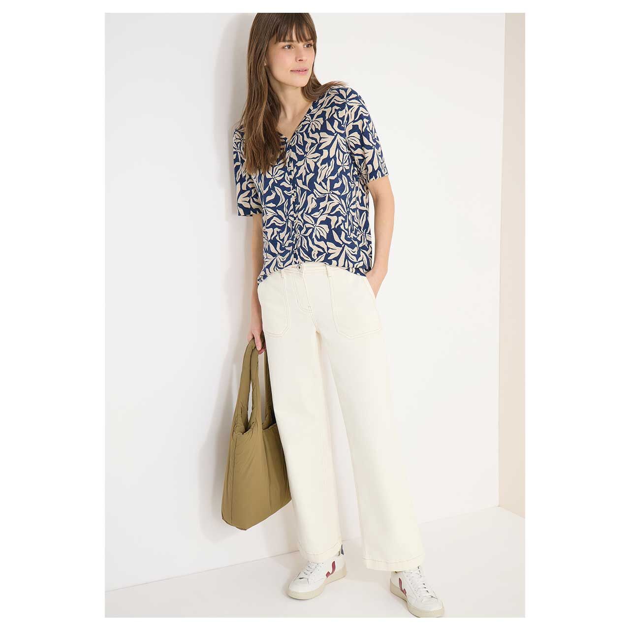 Damen T-Shirt V-Neck Tunic von Cecil in Blau mit Print, Ganzkörperansicht am Model