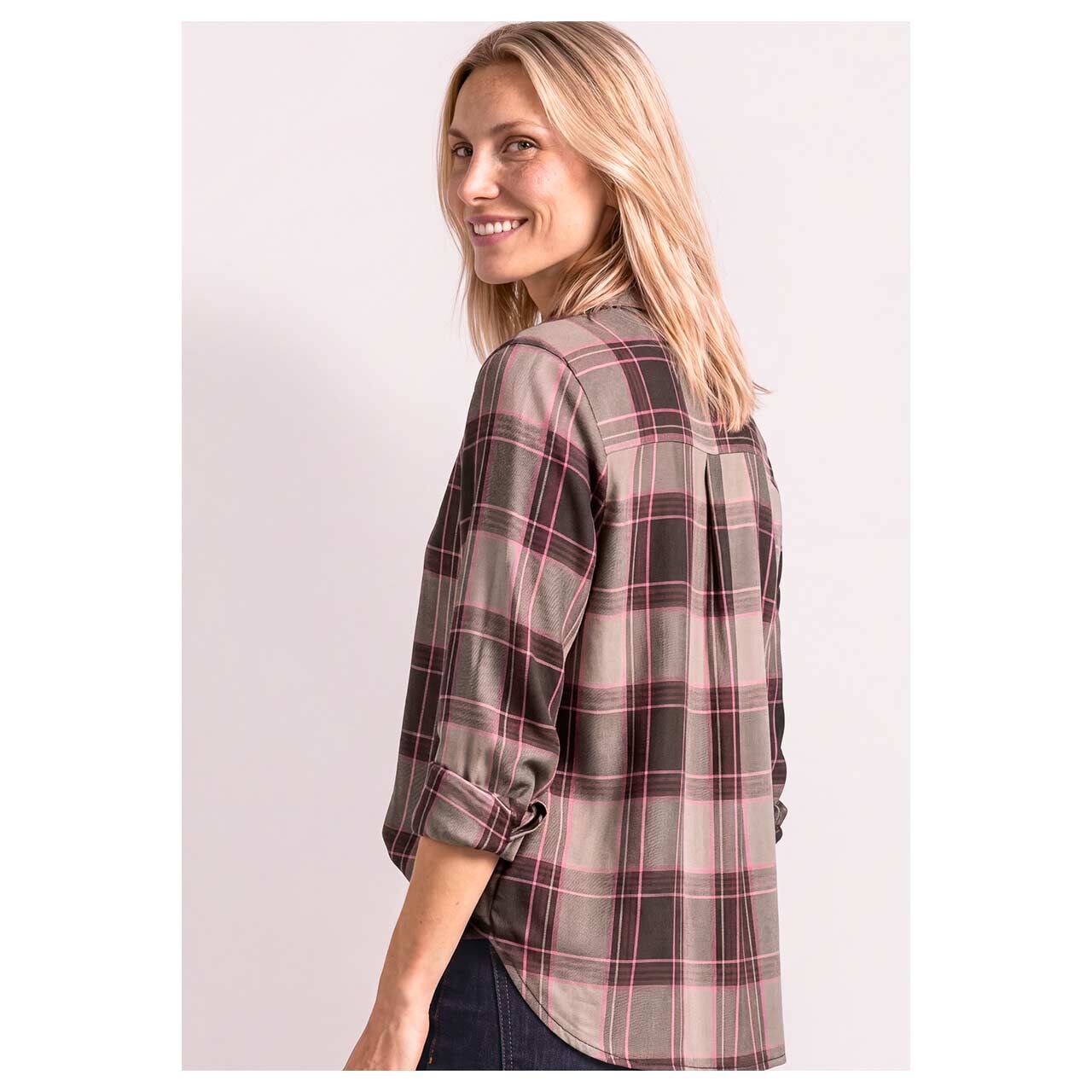 Damen Langarm Bluse Multicolor Check von Street One in Beige kariert, Rückansicht am Model