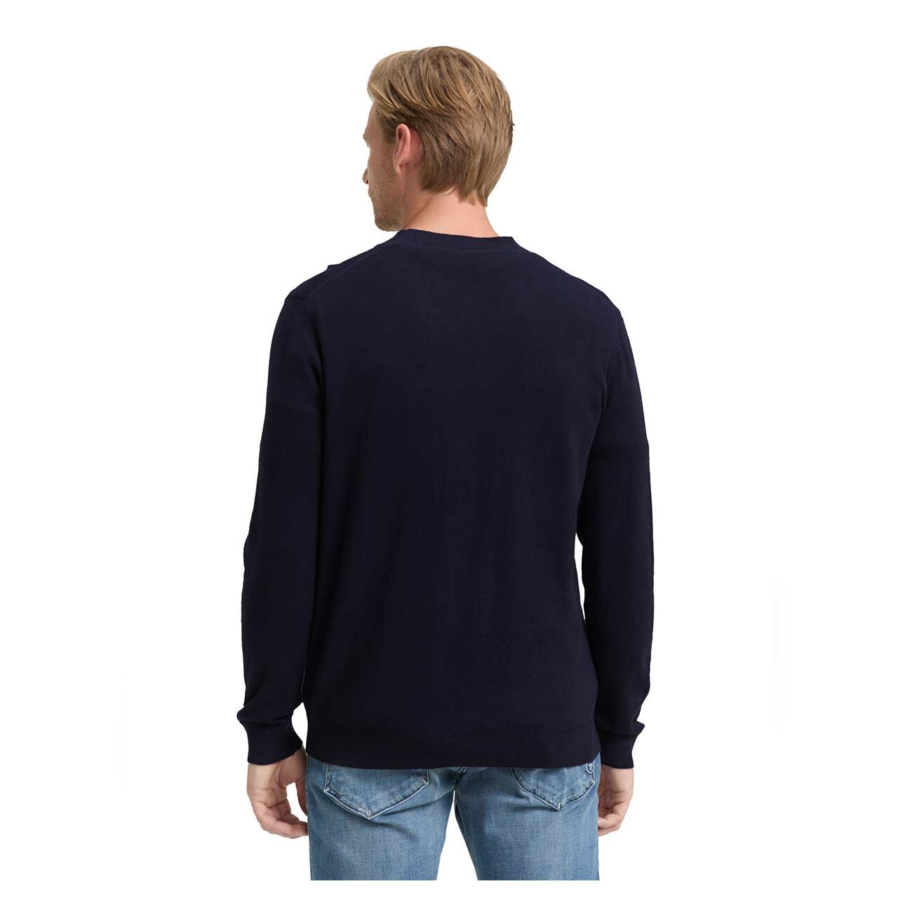Herren Strickjacke Cashmere Cardigan von Tom Tailor in Dunkelblau meliert, Rückansicht am Model
