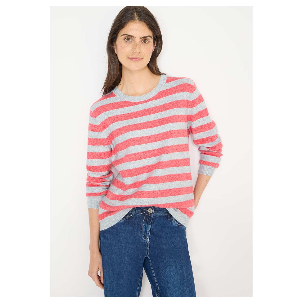 Damen Pullover Melange Structure Stripe von Cecil in Orange-Rot gestreift, Rückansicht am Model