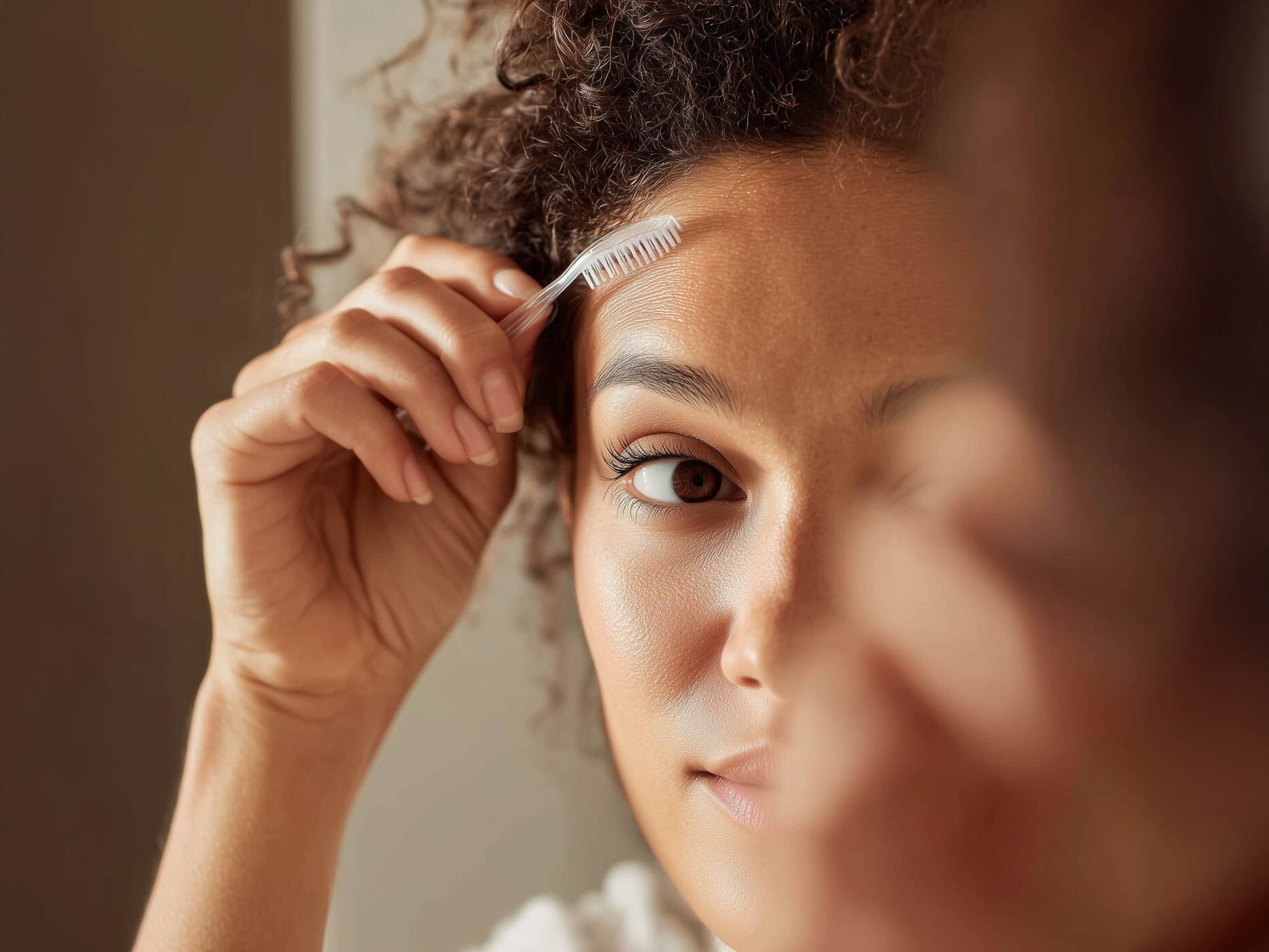 Eine Frau steht vor dem Spiegel und hält eine Zahnbürste in der Hand, sie befestigt damit ihre Babyhaare an ihrer Stirn.
