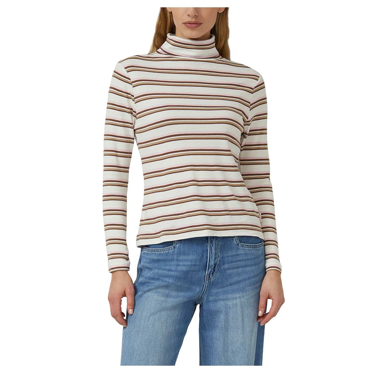 s.Oliver Damen Rollkragen Langarm Shirt in Cremeweiß gestreift, Vorderansicht am Model