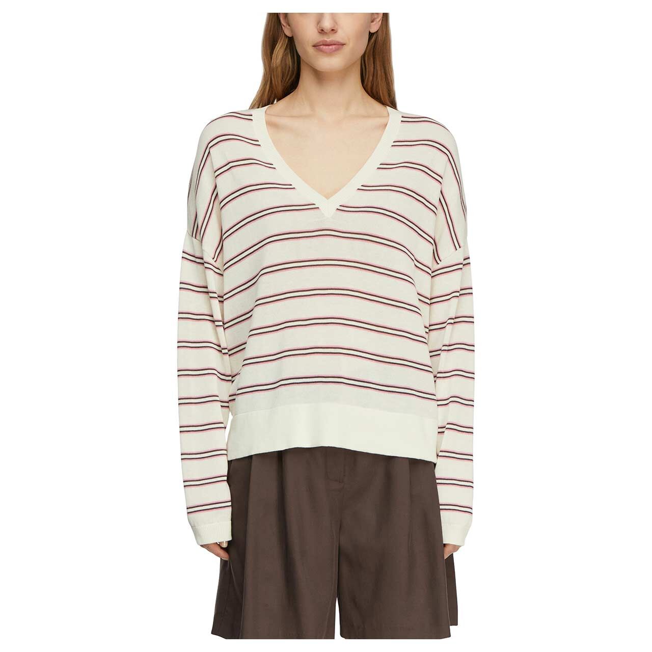 Damen Pullover von Comma in Cremeweiß gestreift, Vorderansicht am Model