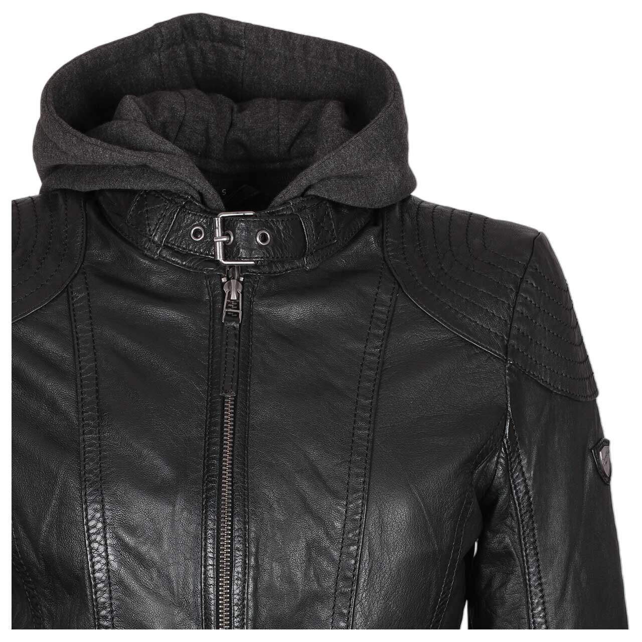 Damen Lederjacke Casey von Mauritius in Schwarz, detaillierte Vorderansicht