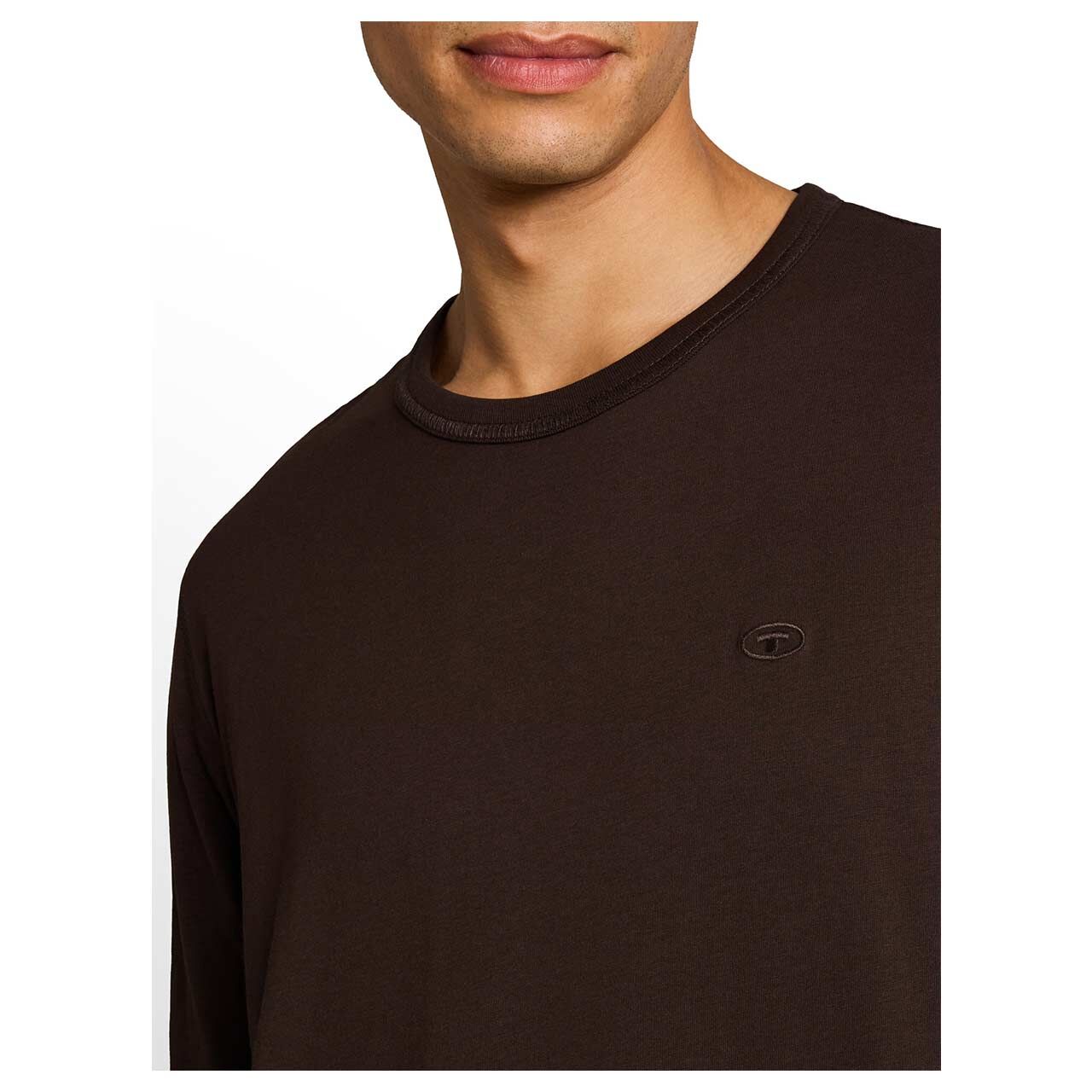 Herren Langarm Shirt von Tom Tailor in Dunkelbraun, detaillierte Vorderansicht Model