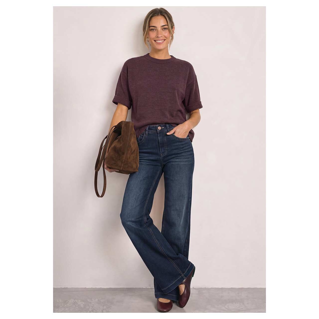 Damen 3/4 Arm Pullover Basic Sweater von Street One in Lila meliert, Ganzkörperansicht am Model