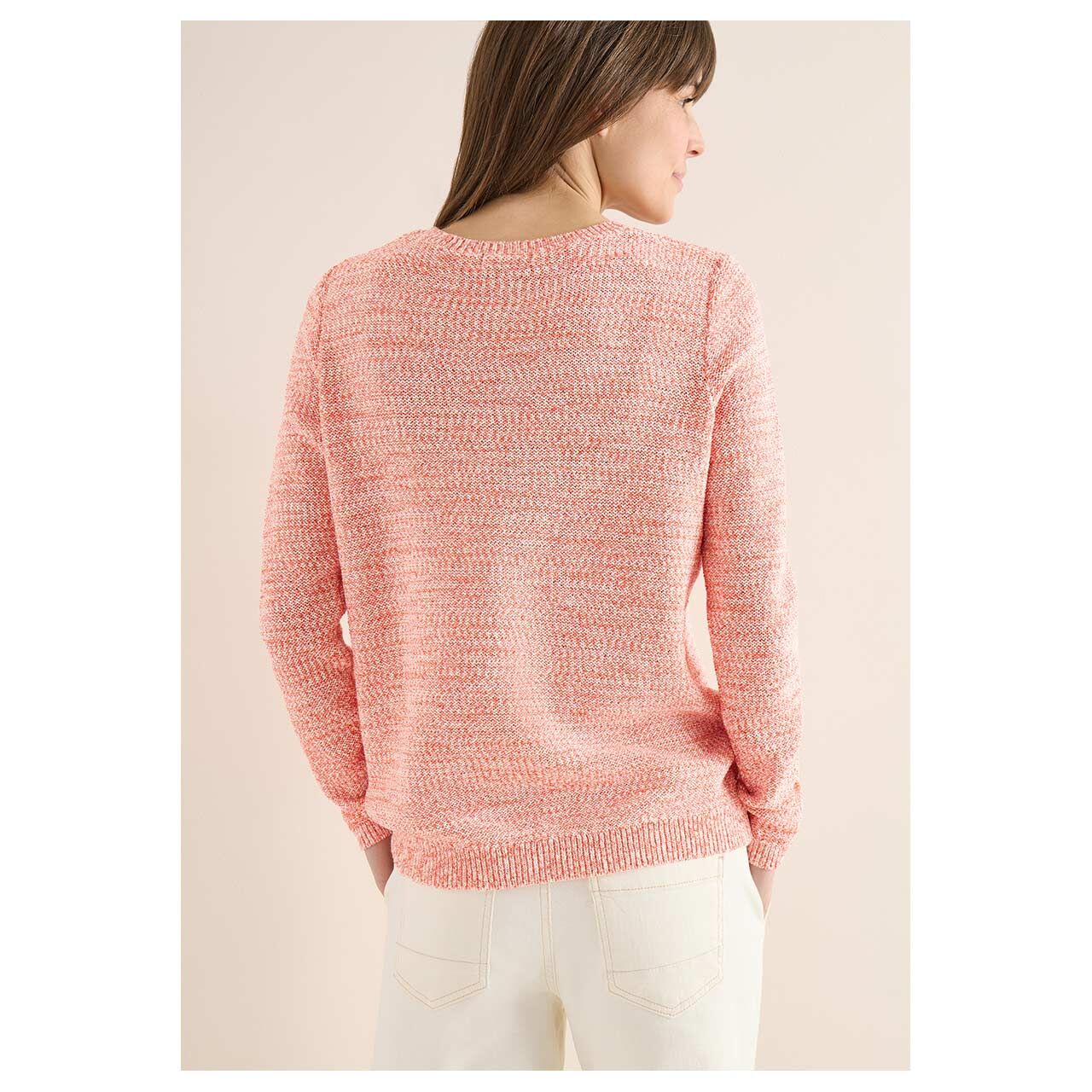 Damen Pullover Space Dye Tape von Cecil in Orange-Rot meliert, Rückansicht am Model