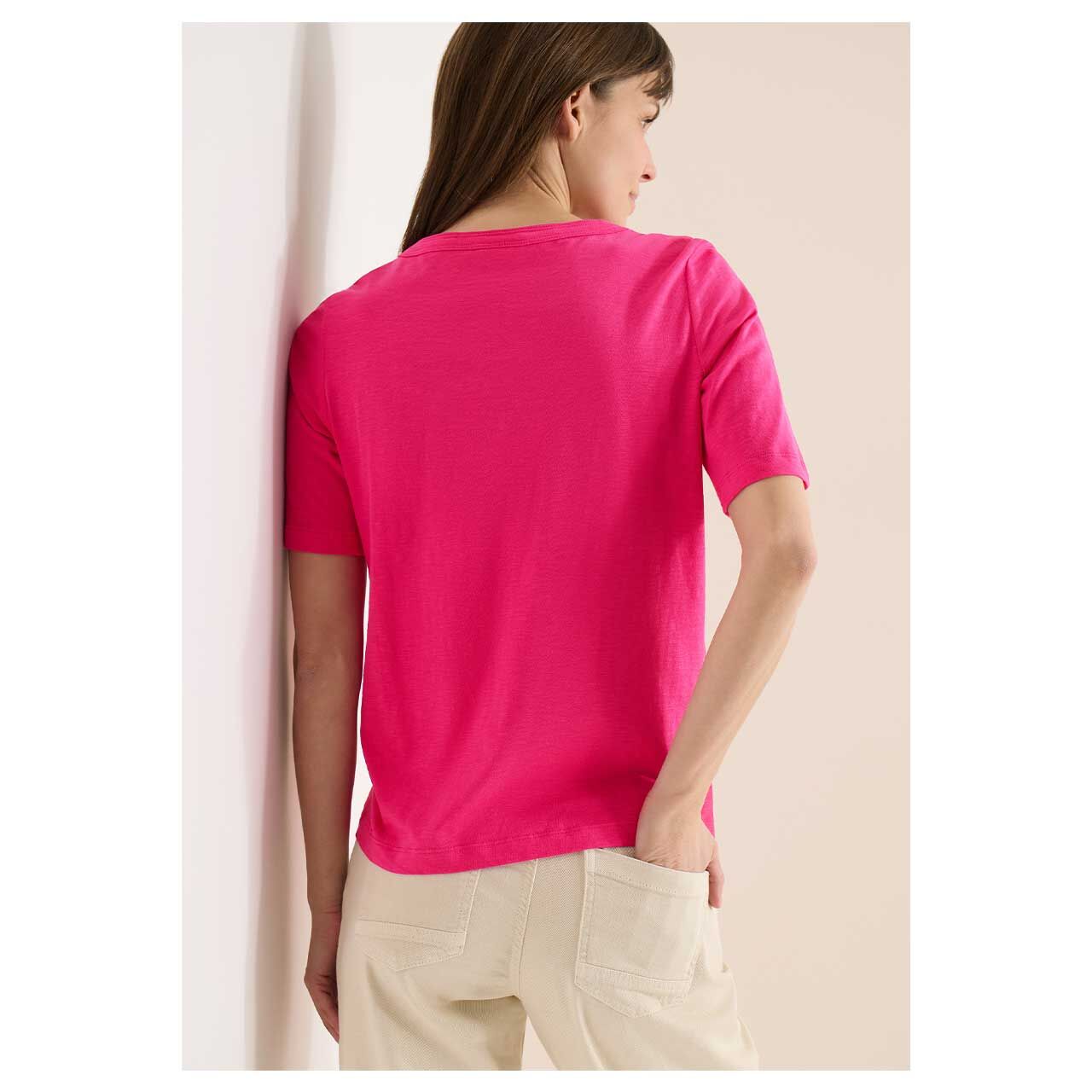Damen T-Shirt Solid Slubyarn von Cecil in Pink meliert, Rückansicht am Model