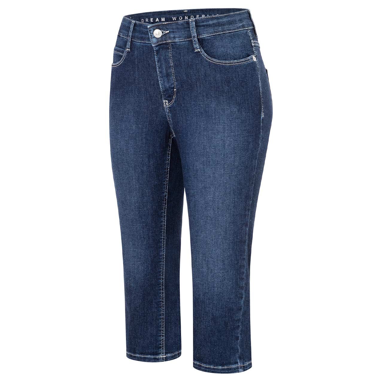 Damenjeans Dream Sun von MAC in Dunkelblau angewaschen, seitliche Ganzkörperansicht am Model