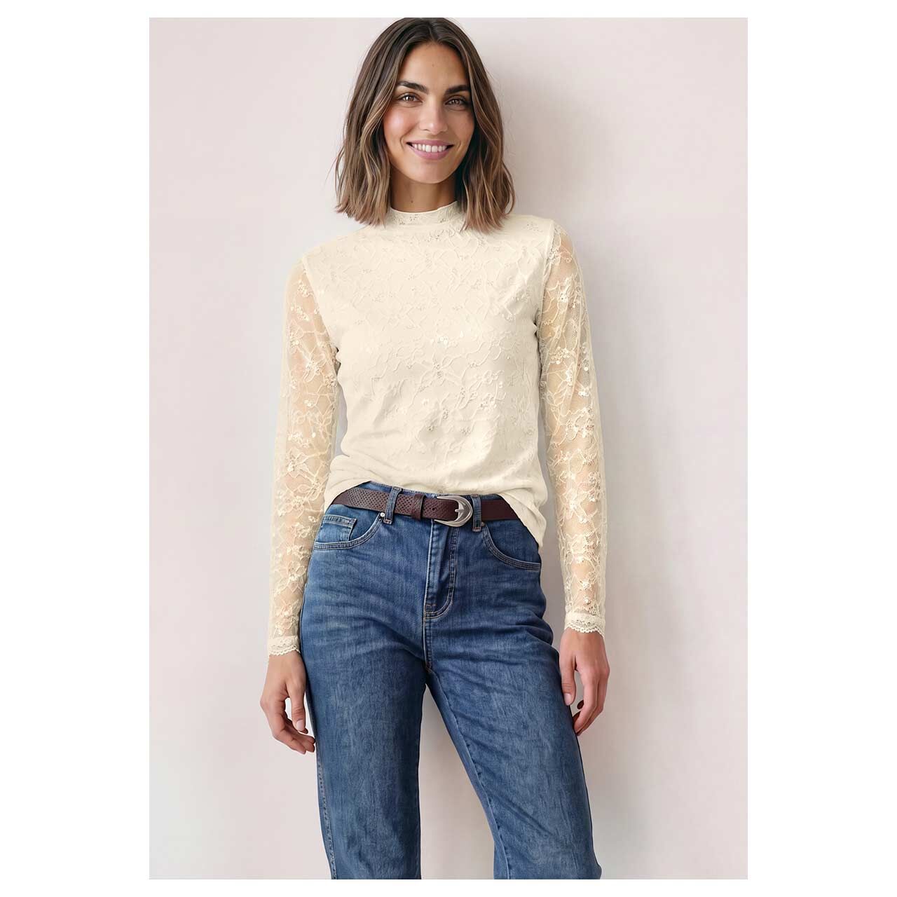 Damen Langarm Shirt Lace Turtle Neck von Street One in Hellbeige, Vorderansicht am Model