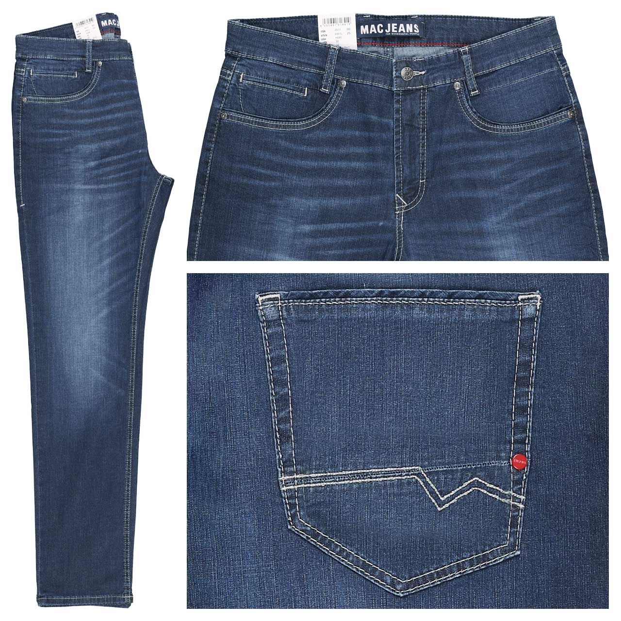Stretch Herrenjeans Arne Pipe von MAC in Dunkelblau angewaschen mit der Farbnummer H680, Vorderansicht
