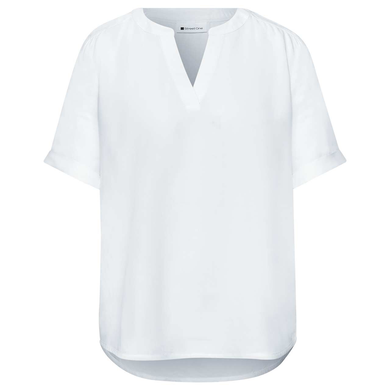 Street One Damen Kurzarm Bluse Splitneck Turn-Up off white