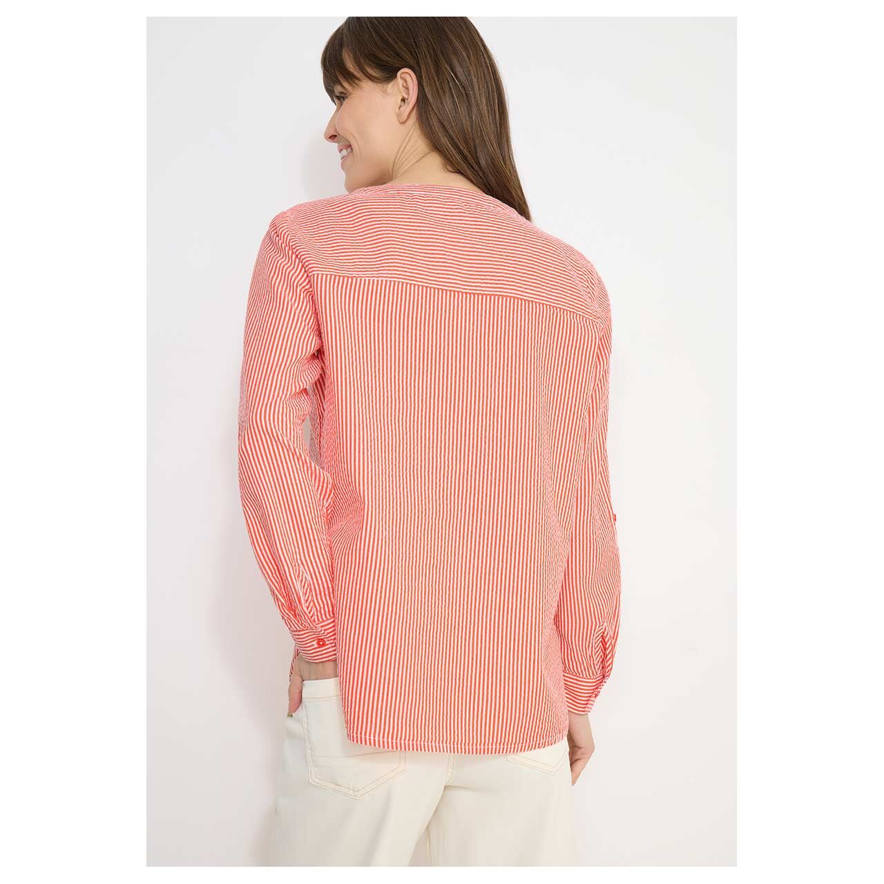 Damen Langarm Bluse Seersucker Stripe von Cecil in Orange-Rot gestreift, Rückansicht am Model