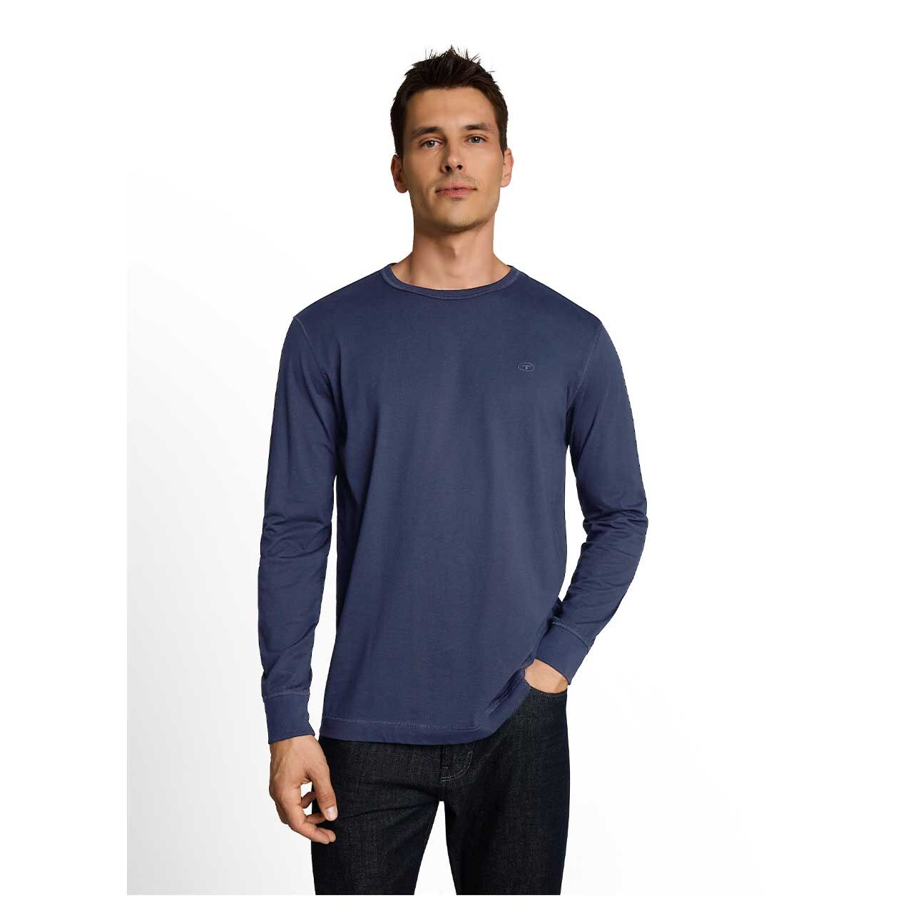 Herren Langarm Shirt von Tom Tailor in Dunkelblau, Vorderansicht am Model