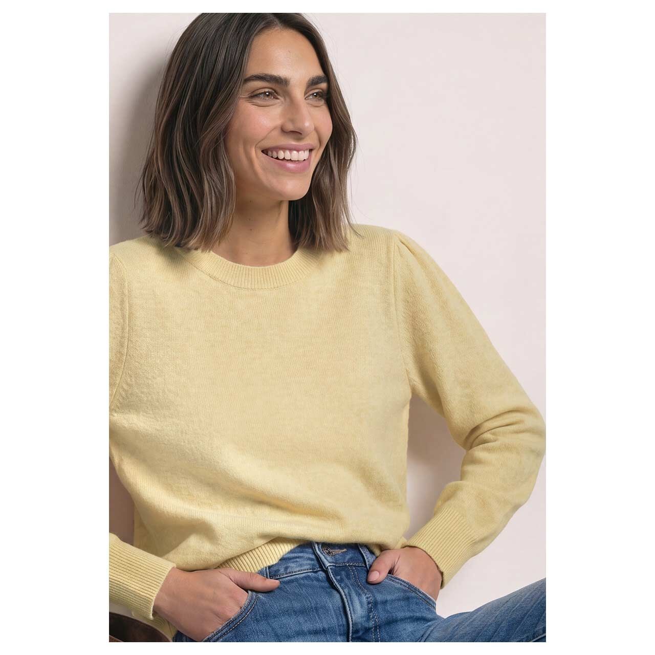 Damen Pullover Cosy Puffy Sleeve Sweater von Street One in Gelb meliert, Vorderansicht am Model