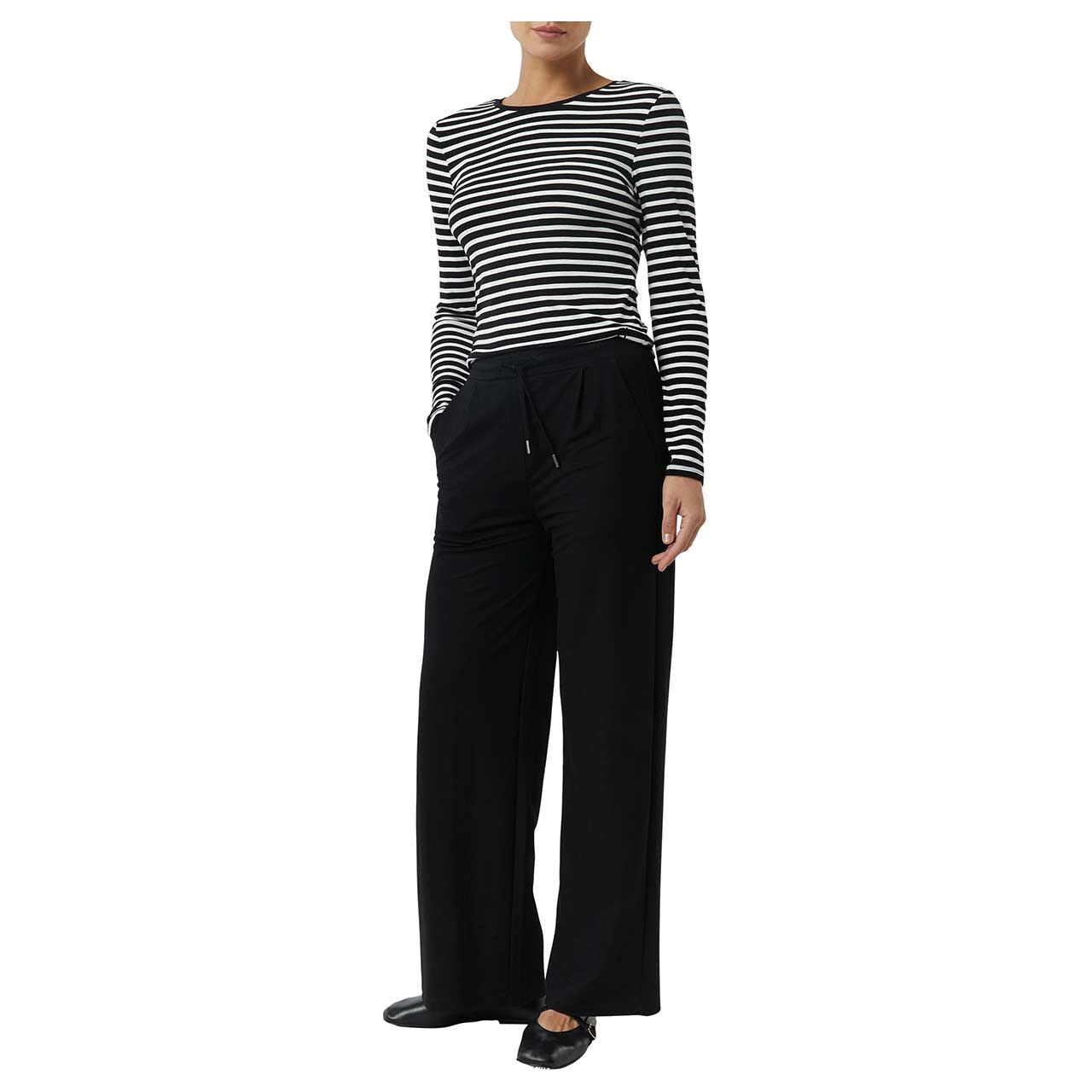 Damen Langarm Shirt von Comma in Schwarz gestreift, Vorderansicht am Model