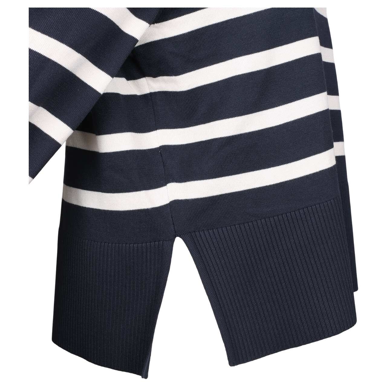 Damen Pullover von Comma in Dunkelblau gestreift, Detailansicht geschlitzter Saum