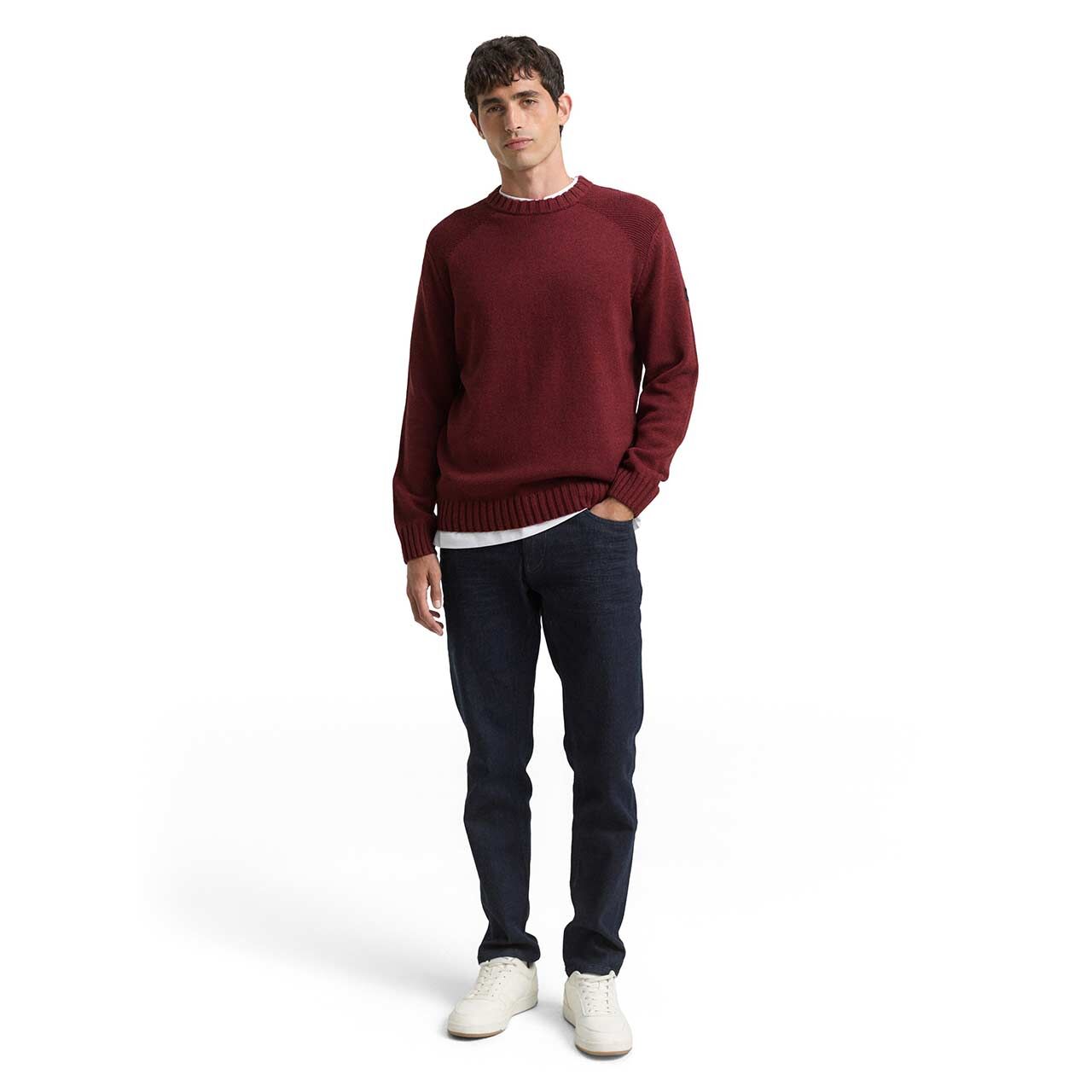 Herren Pullover Structure Mix Crew Neck von Tom Tailor in Weinrot meliert, Ganzkörperansicht