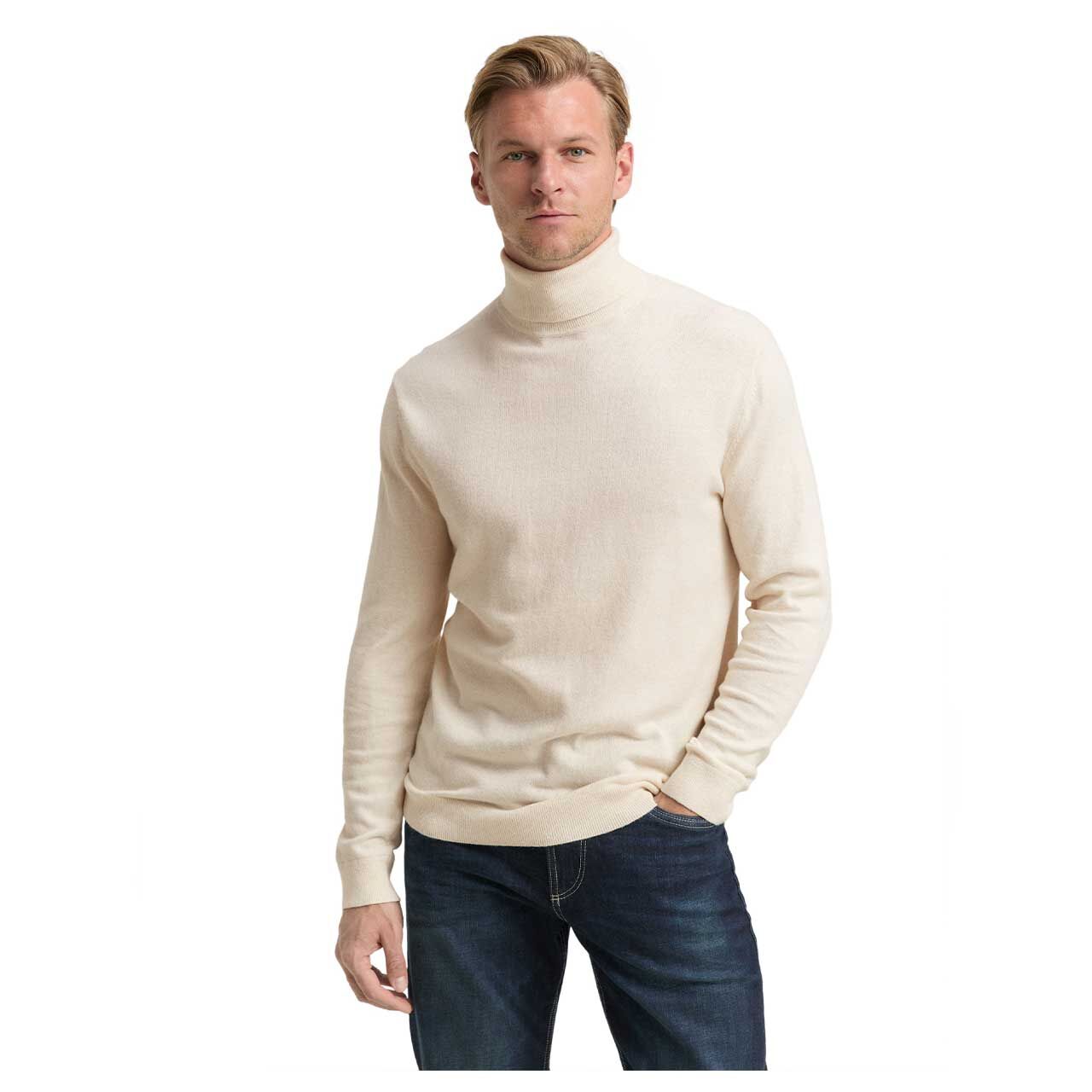 Herren Pullover Cashmere Turtleneck Knit von Tom Tailor in Cremeweiß meliert, Vorderansicht am Model