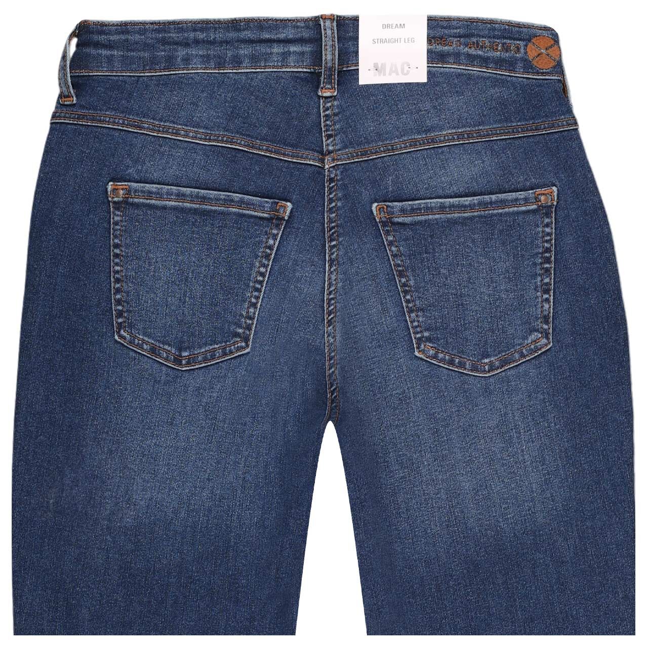 Damenjeans Dream von MAC in Blau angewaschen mit Destroyed-Effekten, detaillierte Rückansicht