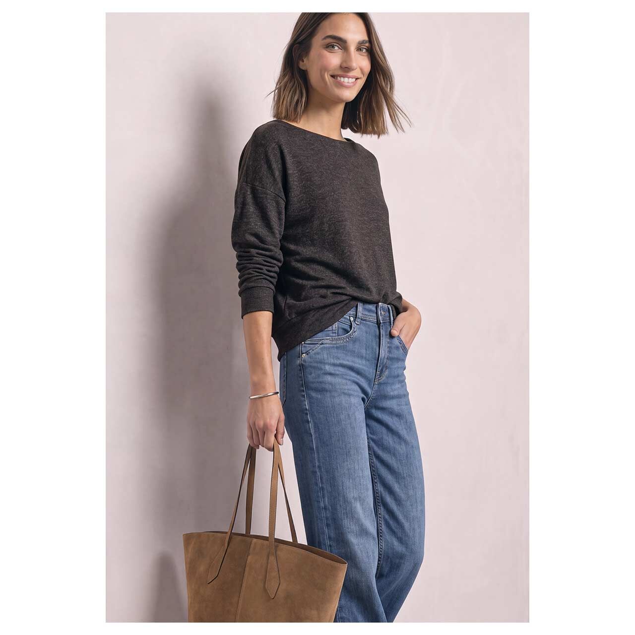 Damen Langarm Shirt Soft Bottom Cuff von Street One in Dunkelbraun meliert, detaillierte Vorderansicht am Model