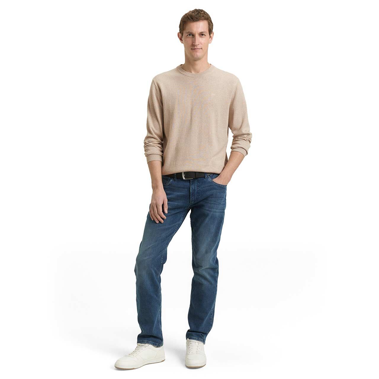 Herren Pullover Basic Crewneck Knit von Tom Tailor in Beige meliert, Ganzkörperansicht am Model