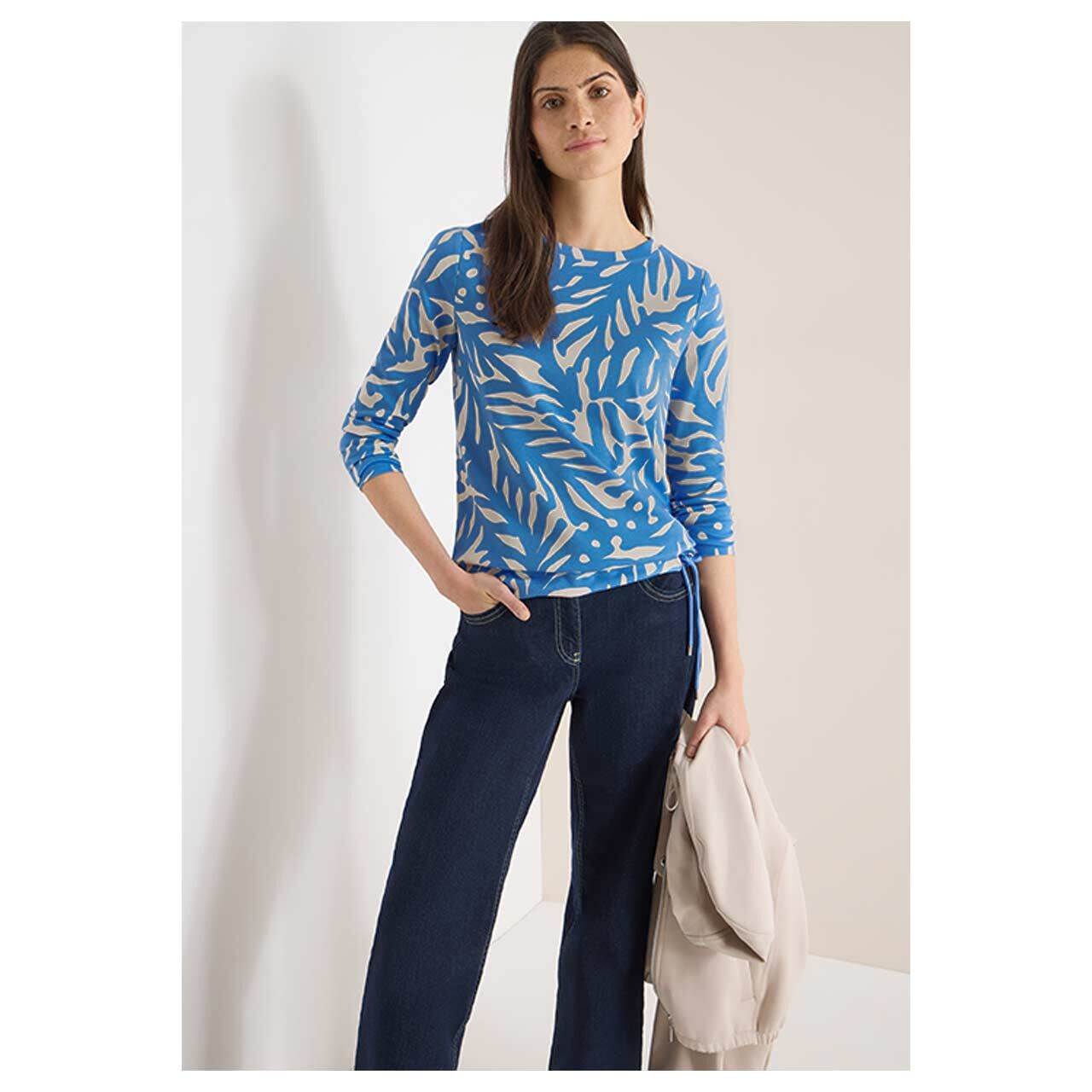 Damen Langarm Shirt Two-Tone Boatneck von Cecil in Blau mit Print, Vorderansicht am Model