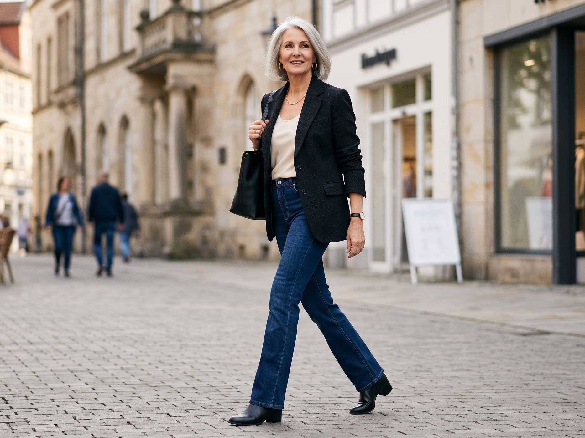 Eine Frau kombiniert eine dunkelblaue Bootcut Jeans mit schwarzem Blazer und schwarzen Boots.