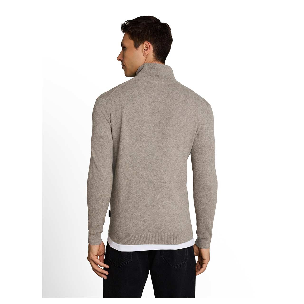 Herren Strickjacke Cashmere Zip Jacket von Tom Tailor in Greige meliert, Rückansicht am Model