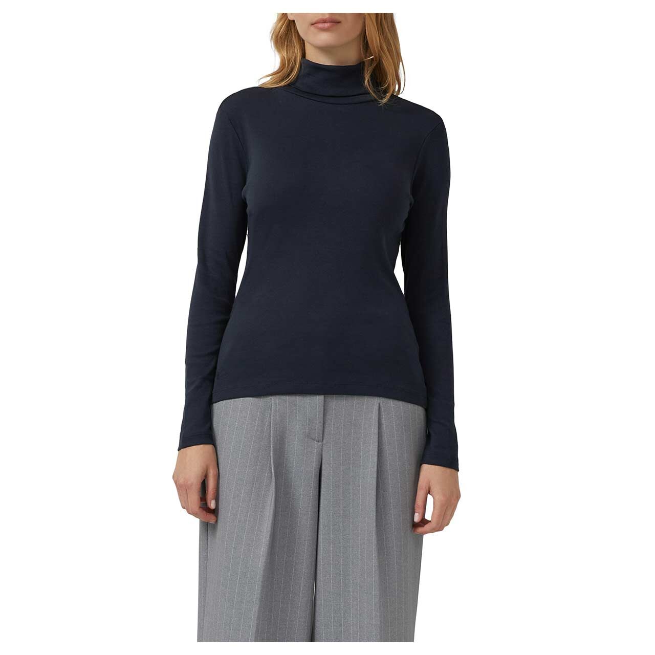 s.Oliver Damen Rollkragen Langarm Shirt in Dunkelblau, Vorderansicht am Model