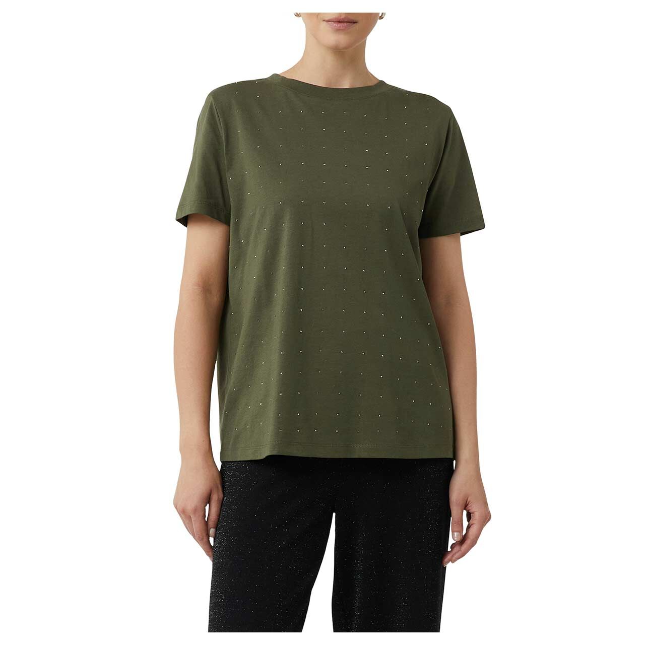 Damen T-Shirt von Comma in Olivgrün, detaillierte Vorderansicht am Model