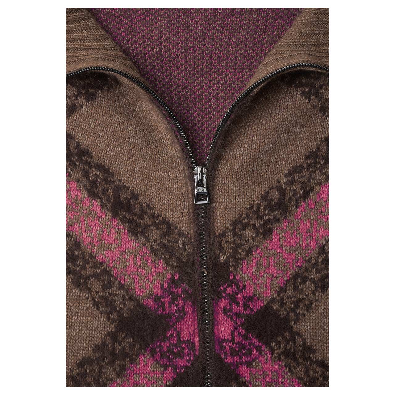 Cecil Damen Strickjacke Cosy Featheryarn Cardigan brown pink flash checked